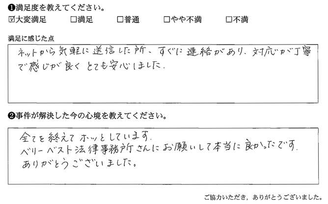 ネットから気軽に送信した所すぐに連絡があり対応が丁寧で感じが良くとても安心しました