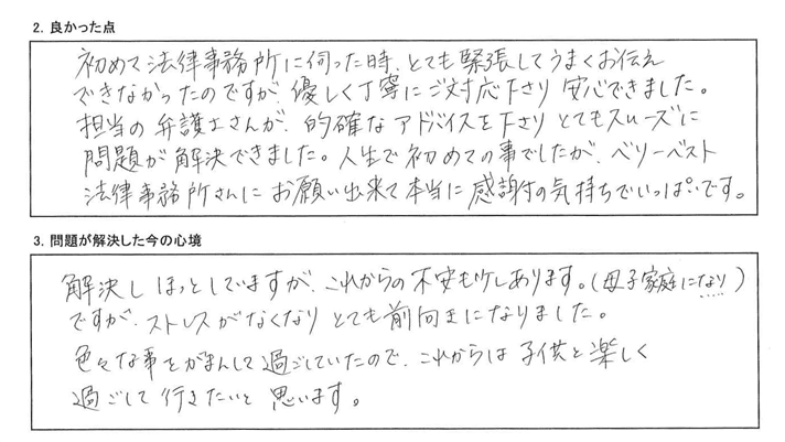 弁護士さんが、的確なアドバイスを下さりとてもスムーズに問題が解決できました